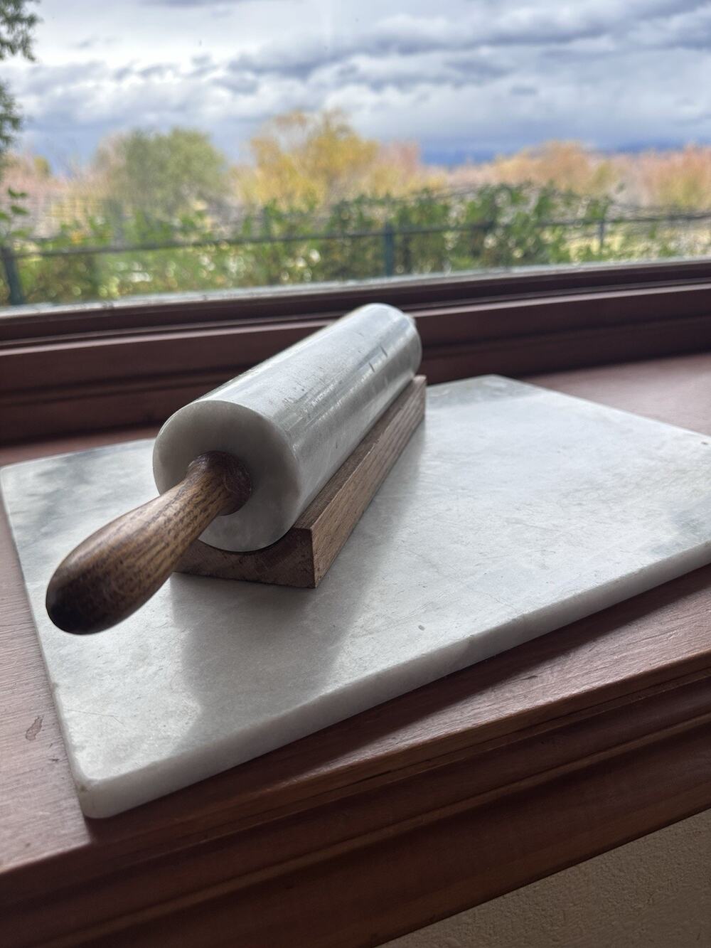 Vintage White Marble Rolling Pin With Wood Stand Cradle & Marble Pastry Board